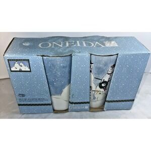 VTG Oneida Kitchen Snow Family Latte Mugs Set of 2 Hand Painted Christmas NIB